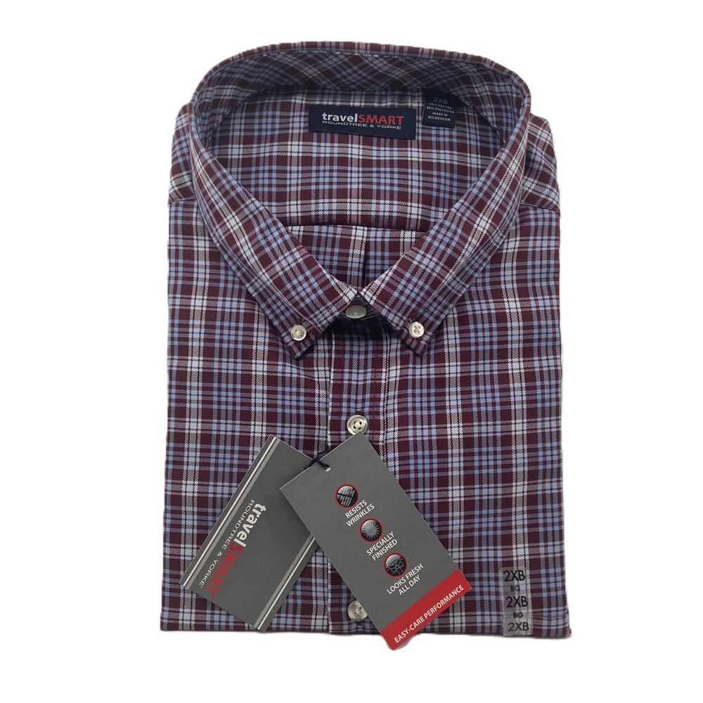 Roundtree & Yorke Shirt TravelSmart Big & Tall Men's 2XB Dress Shirt Plaid NEW